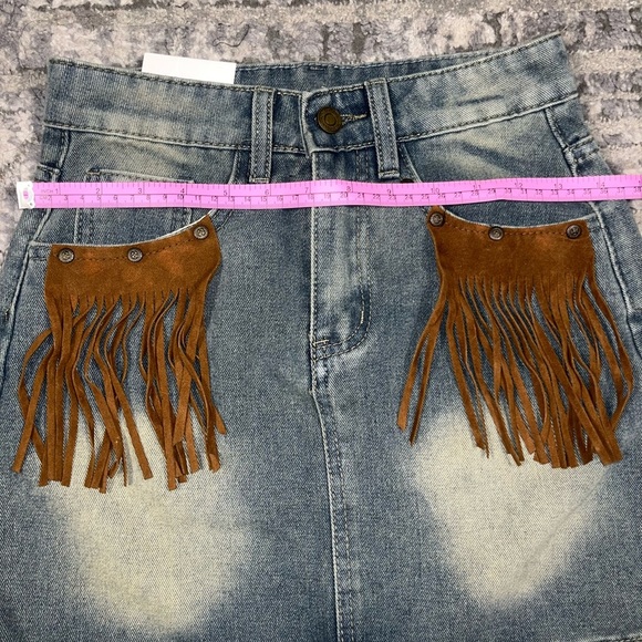 Denim Fringe Skirt with Brown Accents - Picture 3 of 8